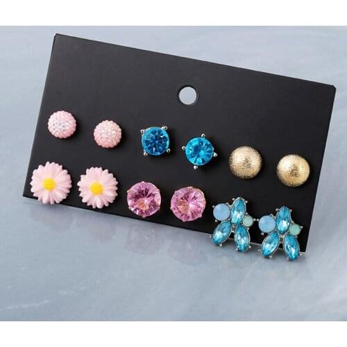 6Pairs/Set Cute Fashion Pink Blue Crystal Rhinestone Stud Earrings Set For Women Spring Summer Daisy Small Earring Mix