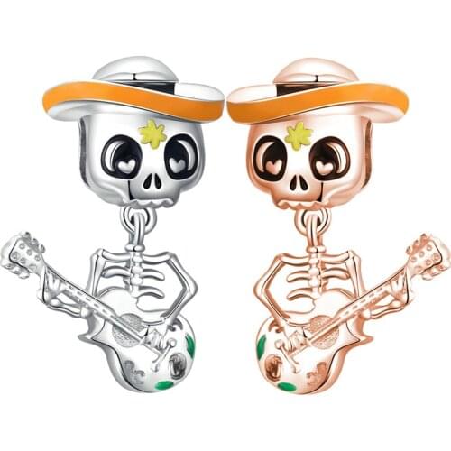 Cute Skeleton Man Playing Guitar Pendant Fit Original Pan Charms Bracelet Women Punk Halloween Beads for Jewelry Making DIY Gift