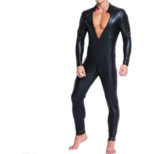Faux Leather Mens Stretchy Zipper Bodysuit Sexy Mens Wet-look Long Sleeve Slim Tight Leotard One Piece Jumpsuit Clubwear M-XXL