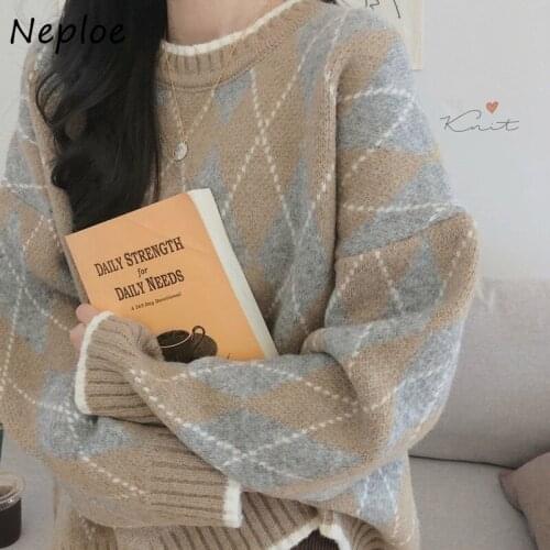 Neploe Retro Soft Women Pullover Sweater O-neck Long Sleeve French Style Knitted Tops Mujer Loose Plaid Autumn 2021 Sweaters