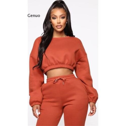 Solid Tracksuit Women Two Piece Set Spring Autumn Clothes O-Neck Pullover Crop Top And Pants Suits Sports Casual Female Outfits