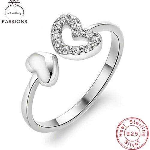 Wholesale Fashion 925 Sterling Silver Rings Open Wide Resizable Rhinestone Love heart Rings For Women Engagement Wedding Rings