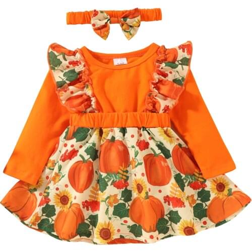 2021 Autumn Winter New Casual Baby Girls Halloween Outfits Long Sleeve Pumpkin Print Ruffle Dress with Headbands Cotton Dresses