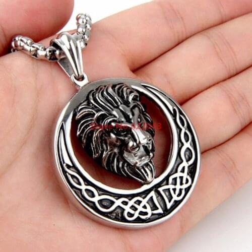 Classic 40G Heavy Mens Boys Best Gift 316L Stainless Steel Round Lion Silver Black Color Pendant Necklace Factory Sale