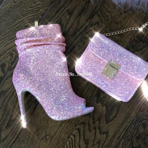 Spotlight Pink Glitter High Heel Ankle Sequined Boots Open Toe Side Zipper Folded Banquet Booties Stiletto Woman T-stage Shoes