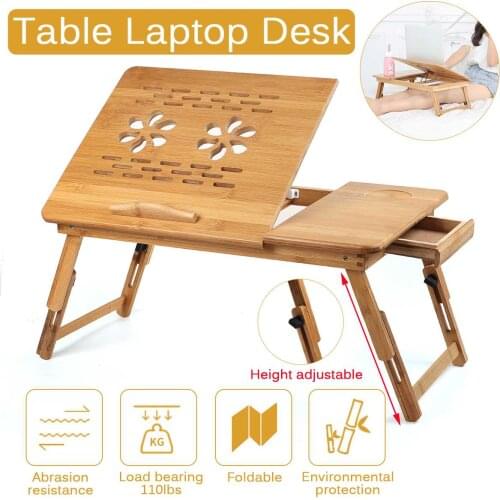 Adjustable Bamboo Laptop Desk Notebook Table Folding Breakfast Serving Tray Bed Table with Drawer Working in Bed Sofa W/Drawer