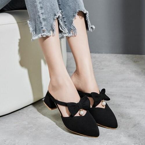 YMECHIC 2018 Fashion Lolita Butterfly-knot Mary Jane High Heels Shoes Black Pink Big Size Pointed Toe Lady Party Mules Pumps