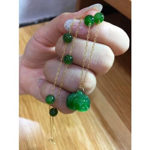 Zhe Ru Jewelry 14k gold inlaid natural Hetian jasper spinach green lotus pendant necklace sexy clavicle chain