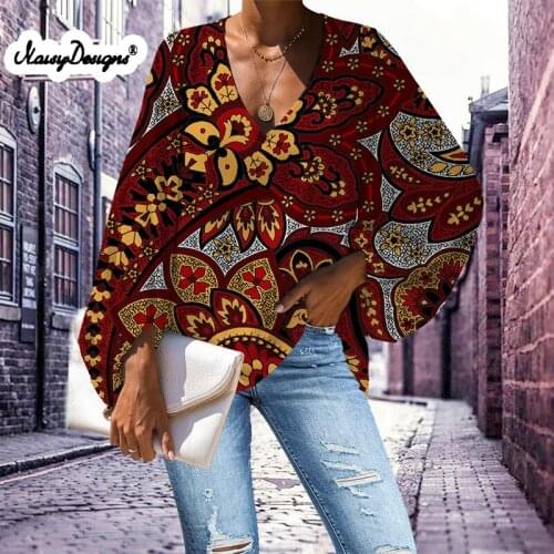 Noisydesigns Womens Blouse Fashion Eurpoen Golden Floral Bohemia Print Ladies Tops V-Neck Loose Casual Summer Dropshipping