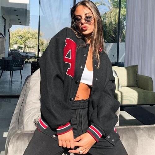 Womens vintage Letter Embroid Bomber High Street Hip Hop jacket women black woolen embroidery baseball uniform bomber coat Y2K