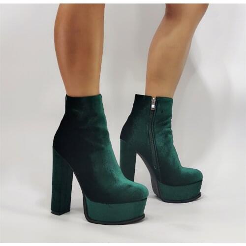 Ink Green Velvet High Platform Ankle Boots Women Pointed toe Zipper Chunky High Heels Street Outfit Short Boots Fashion Shoes
