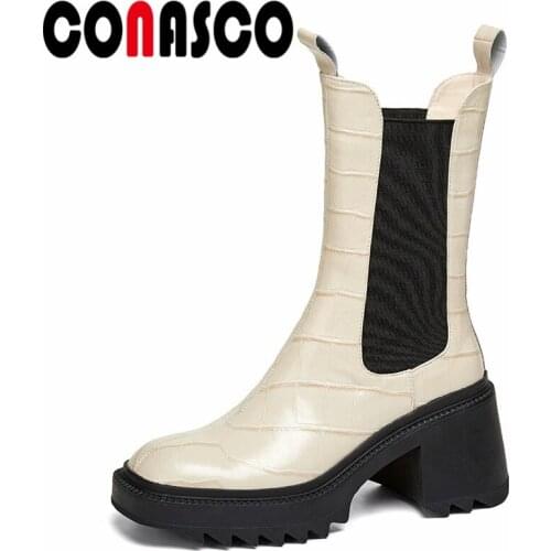 CONASCO New Women Ankle Boots Autumn Winter Warm Cow Leather Causal Prom Office Working Boots High Flatforms Motorcycle Woman