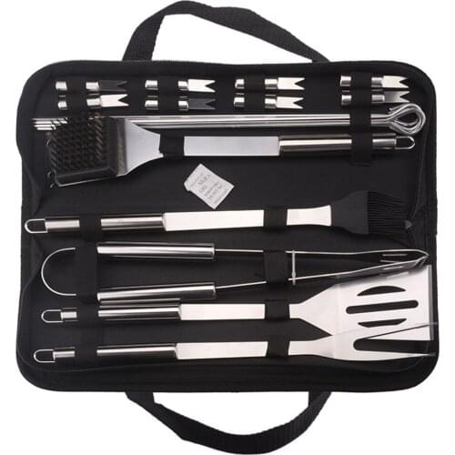 20pcs Stainless Steel BBQ Tools Set Spatula Fork Tongs Knife Brush Skewers Barbecue Grilling Utensil Camping Outdoor Cooking Too