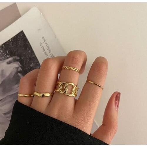 5pcs/Set Punk Twist Joint Ring Sets For Women Hiphop Minimalist Metal Chain Rings Party Fashion Jewelry