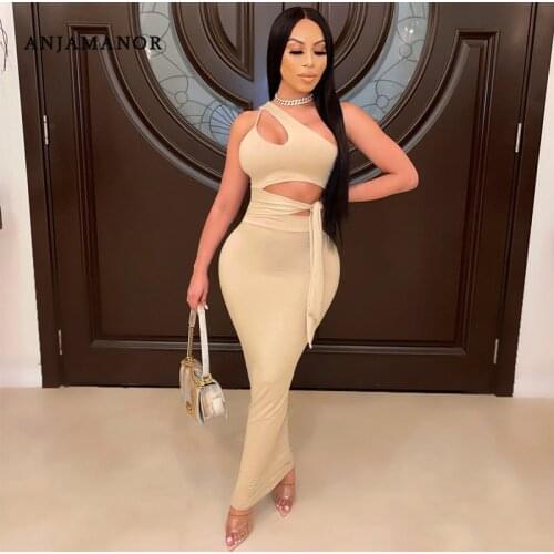 ANJAMANOR Two Piece Set Sexy Outfits for Woman Night Club Vacation Cut Out Bodycon Dress Women Maxi Skirt and Top Set D42-CB28