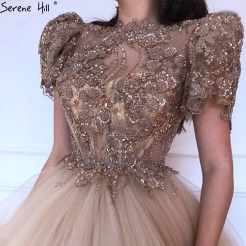 Ball Gown Gold Short Sleeves Evening Dresses 2021 Beading Sequins High Neck Formal Design Serene Hill BLA70528