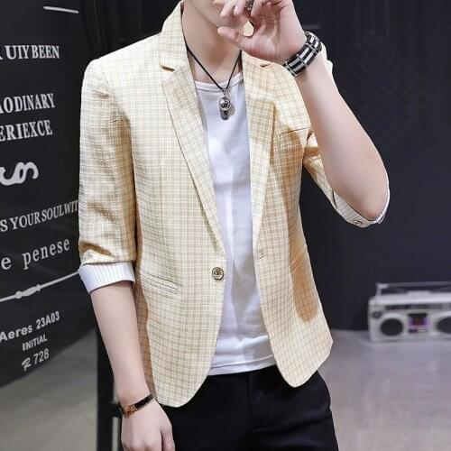 2021 Mens Summer Cropped Sleeves Plaid Slim Fit blazer Teenagers Mid-Sleeve blazer