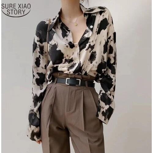 Long Sleeve Blouse Spring Korean Clothes Cow Print Button Up Shirts Women Chiffon Streetwear Plus Size Tops 2021 New 13486
