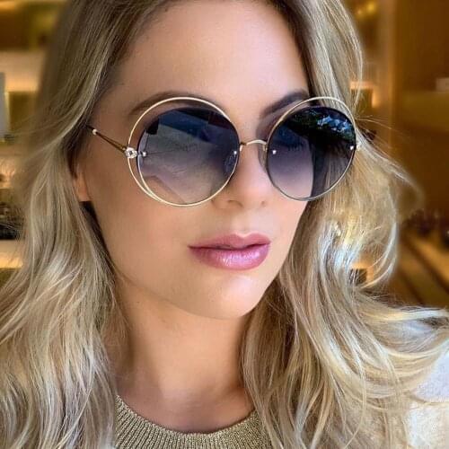 Oversized Round Sunglasses Women Fashion Designer Rhinestones Embellish Double Circle Glasses Big Shades UV400 Gradient