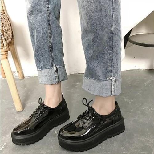 Black Patent Leather Platform Shoes Women 2021 Gothic Lace Up Chunky Heels Woman Japanese Style Student Shoes Female lolita shoe