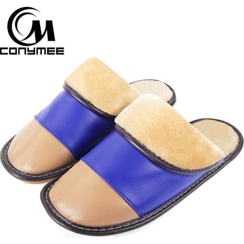 CONYMEE 2018 Winter Home Slippers Men Leather Shoes Indoor Pantuflas Warm Plush Sneakers Soft Floor Man Winter Shoe Slippers