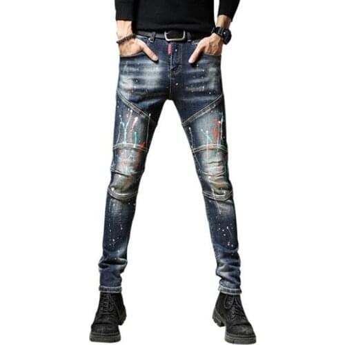 Streetwear Fashion Men Jeans Retro Dark Blue Spliced Designer Biker Jeans Homme Elastic Painted Hip Hop Pencil Pants