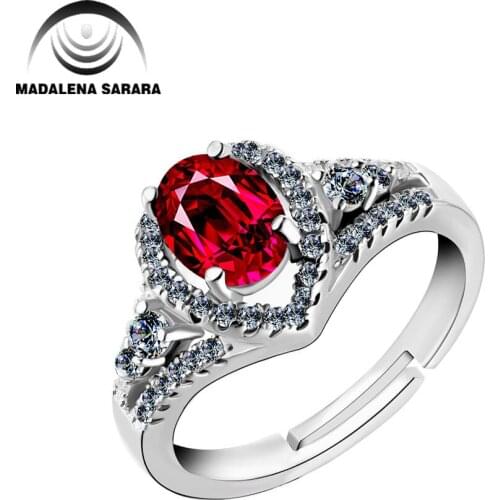 MADALENA SARARA One Carat Oval Shape AAAA Cubiz Zirconia Ring Sterling Silver 925 Ring Oval Shape Imitation Red Corundum