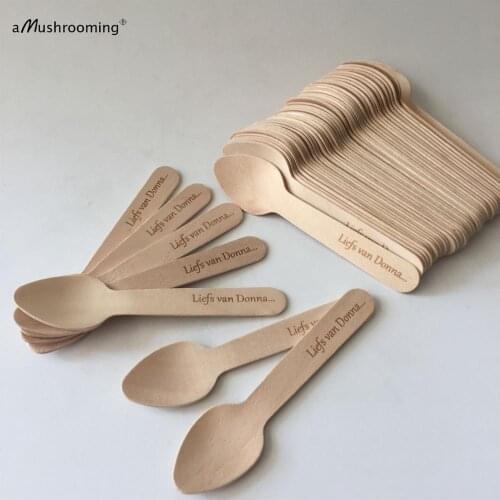 Mini Disposable Wooden Spoons Engraved Small Dessert Appetizer Tasting Sample Birthday Party Teaspoons Ice Cream Yogurt Spoons