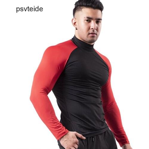 Mens Gym T Shirt Running Long Sleeve Compression Shirt Bodybuilding Fitness Tops Stand Collar Winter Shirts For Men BaseLayer