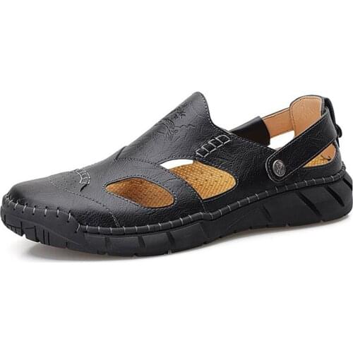 New Summer Mens Sandals Genuine Leather Outdoors Ventilation Moccasins Soft Shoes Beach Slippers Bohemia Size 38-50 Hot Sale