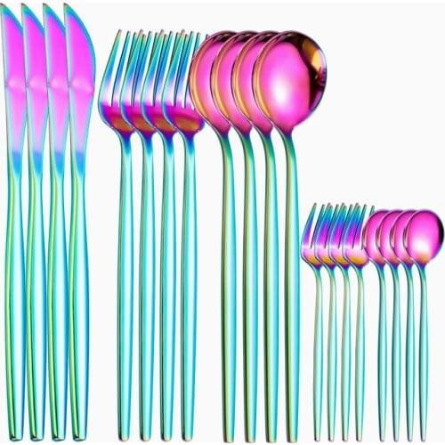 Rainbow Cutlery Set Western Tableware Golden Flatware Set Dinning Kitchen Forks Knives Tea Spoons Gold Utensils Set Dropshipping