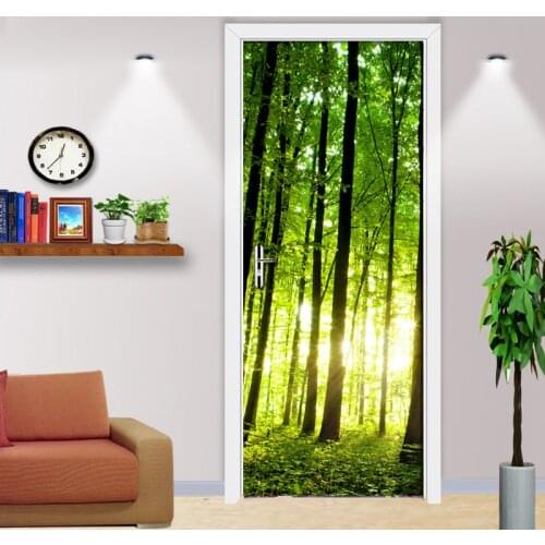 Green Forest Tree 3D Photo Mural Wallpaper Living Room Renovation DIY Self-Adhesive Door Sticker PVC Vinyl Door Wallpaper Roll