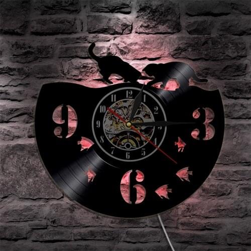 Couple Cat And Fish Vinyl Record Wall Clock With LED Backlight Home Decor Night Light Kitty Silent Wall Watch LED Hanging Lamp