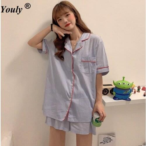 Linen Cotton Blue Stripe Simple Pajamas Set Basics Homewear Women 2021 Casual Loose Summer Shorts Sleepwear Set Pijamas Suits