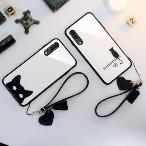 Strap & Case For Samsung Galaxy M60S M80S Note 10 Lite Simple Cartoon cat Hard Glass back silicone Cover For Samsung m30s s10