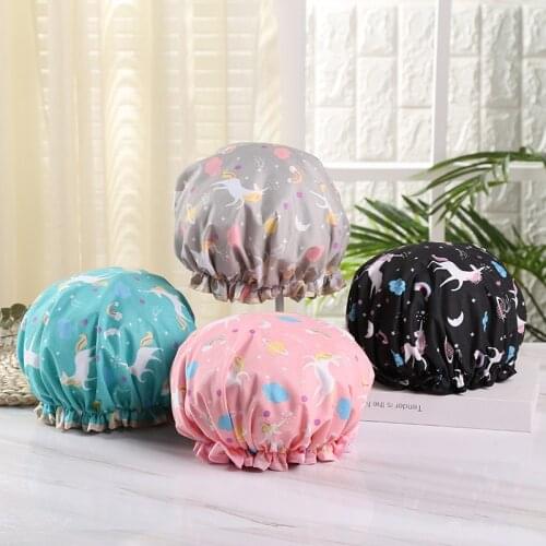 Unicorn Pony Shower Caps Lovely Thick Women Colorful Double Layer Flower Flamingo Bath Shower Cap Hair Cover Adults Waterproof