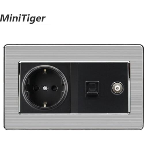 Minitiger EU Standard Wall Socket+Female TV Jack With Internet Computer Data RJ45 CAT5E Connector Stainless Steel Brushed Panel