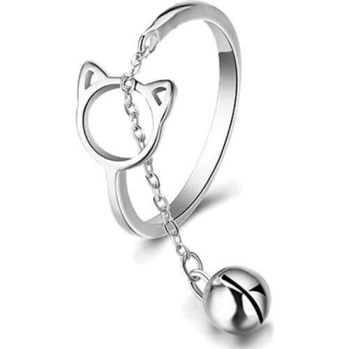 Japanese Creative Simple Metal Geometry Cute Cat, Pendant Bell Lady Open Ring Alloy Jewelry Party Gift Adjustable