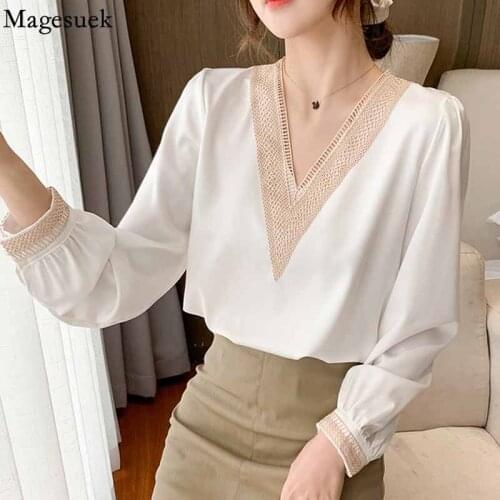 Spring V-neck Hollow Out Womens Shirt Solid Autumn Long Sleeve Casual Blouse Women Tops Chiffon Vintage Shirt Blusas 16134