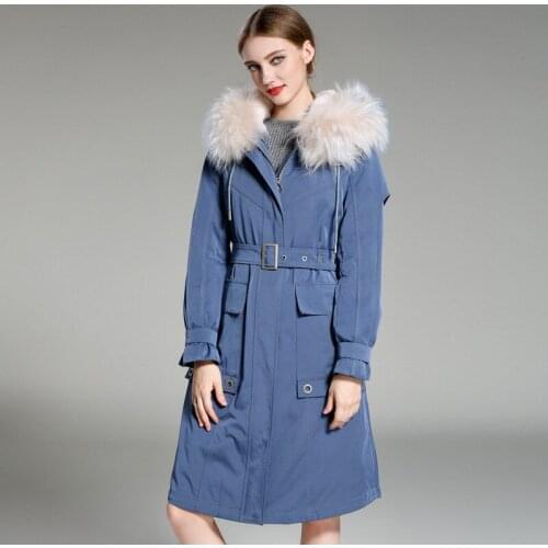 2020 New Winter Jacket Women Long Parka Real Coat Big Raccoon Collar Hooded Parkas Thick Natural Fur Blue Outerwear Belt