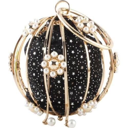 Lady Crystal Women Pearl Beaded Black Evening Bag Metal Clutches Bags Wedding Party Prom Bridal Handbag Purse Wallet Handbags