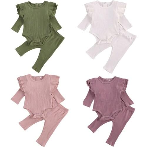 Lovely Infant Baby Girls Solid Ribbed Outfits Romper Suit Long Sleeve Falbala Round Neck Elastic Long Pants Autumn and Spring