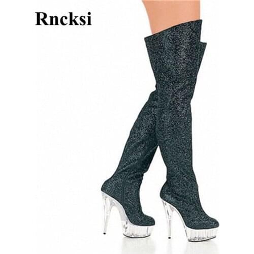Rncksi Women 15cm High Heels Nightclub Over The Knee Boots Clear Platform Shoes Dancing Shoes Pole Dance Shoes