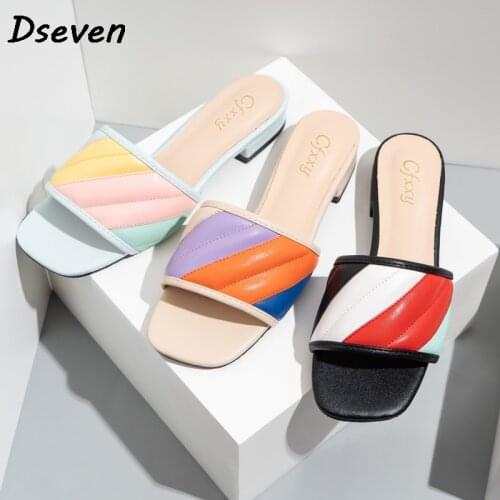 Ladies Slippers Square Toe Matching Color Thick Low Heels Slippers For Women Fashionable Three-color Sandals Woman Beach Shoes