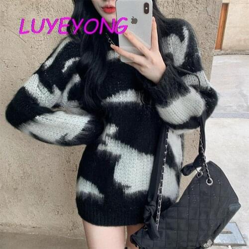 Long Sleeve Stripe Jumpers Harajuku Street Lady Contrast Color Black White Thunder Sweaters Gothic Women Knit Pullover Sweater