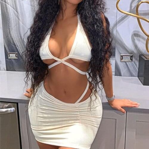 Women Two Pieces Set Halter Dress V neck Bra top and short skirt suit fashion Sexy clothing