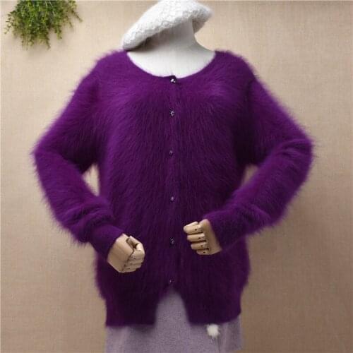 Ladies women fashion winter hairy plush mink cashmere knitted long sleeves loose sweater cardigan angora rabbit hair jacket coat