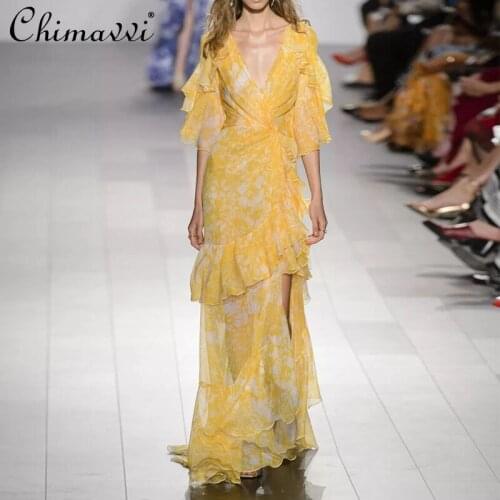 Womens Summer French Style Print Floral Irregular Ruffles Fairy Mixed Dress Elegant Court Style Retro New Long Dress