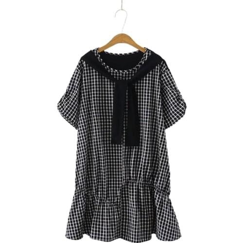 Sweet Style Polyester Dress Women 2020 Summer Street Trendy Lady Short-Sleeved O-neck Ruffle Plaid Dress Black