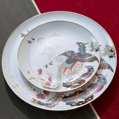 Golden Stroke Ceramics Plate Chinese Style Dining Table Main Course Dish Painted Salad Dishs Hundred Bird Chaofeng Tableware Set